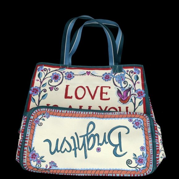 BRIGHTON Bella Tile Tote Love Is All You Need Purse Multicolor Canvas Book Bag - Picture 2 of 4